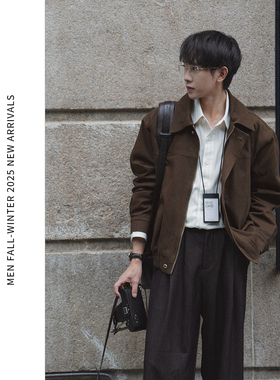 Eli 【朦胧秋日】复古上衣斜纹宽松秋冬休闲短款男士夹克外套棕色