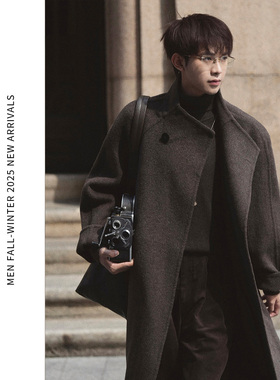 ELI【The rain】100%绵羊毛檀木棕设计感立领毛呢廓形大衣冬季男