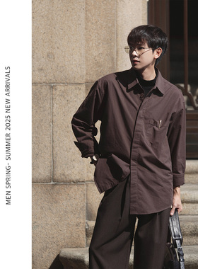 ELI【红栎】天丝混棉翻领贴袋饰纯色复古垂感衬衫休闲长袖衬衣男