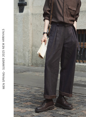 ELI【落日·印象】法国雨露麻秋冬复古牛仔裤工字褶宽松直筒裤男