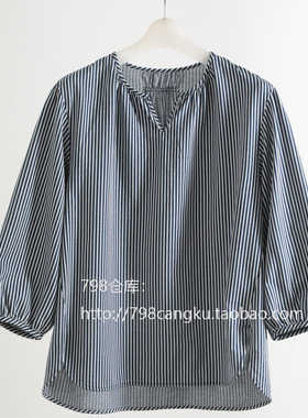 798仓库 9.24 日单新款圆领套头宽松显瘦女通勤纯棉条纹衬衫中袖