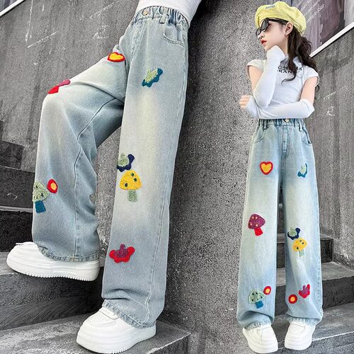 女童牛仔裤春秋中大童洋气阔腿裤