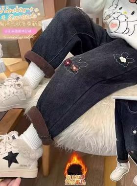 女童洋气加绒牛仔裤秋冬装女宝宝一体绒加厚休闲裤女宝宝冬季长裤