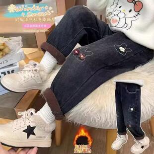女宝宝冬季 女童洋气加绒牛仔裤 秋冬装 女宝宝一体绒加厚休闲裤 长裤