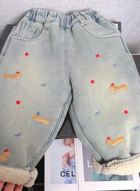 儿童加绒裤子2024冬装新款宝宝加厚一体绒儿童冬季羔羔绒牛仔裤潮