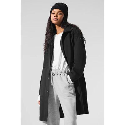 代购ALO YOGA女士长款外套防风防雨可调节帽檐拉链口袋黑色轻质