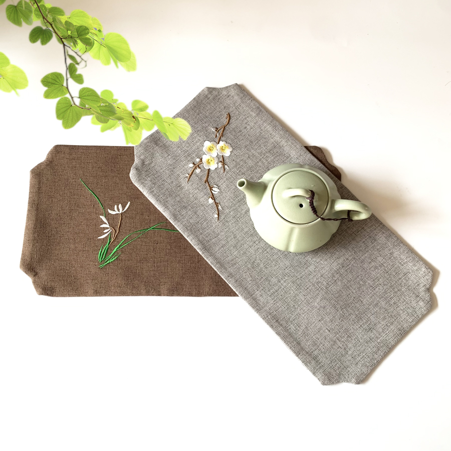 桌旗刺绣防水茶席新茶室茶垫桌布中式灰色禅意白色防水茶席麻布