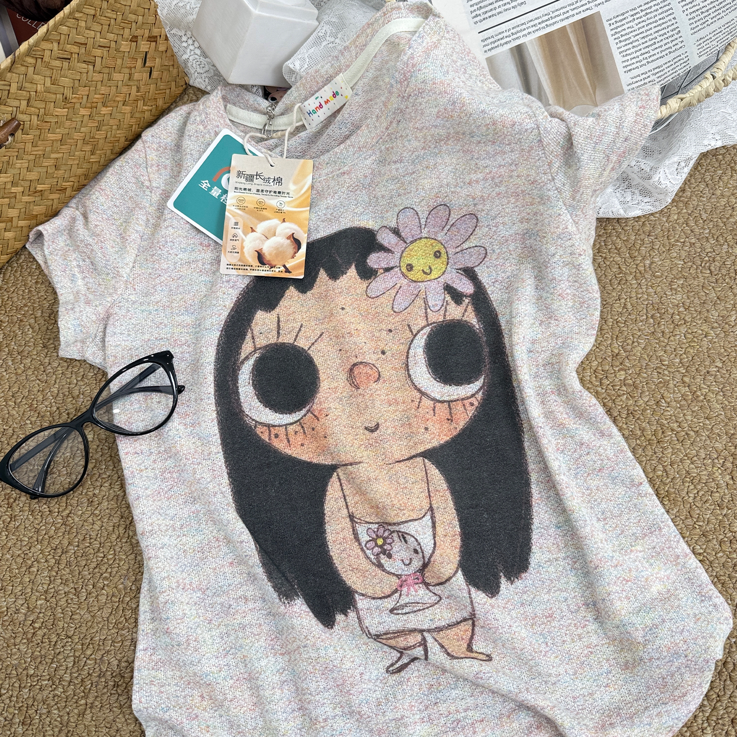 刘以燃韩国东大门新品短袖T恤女小玉印花彩点纱修身显瘦纯棉白T女图片
