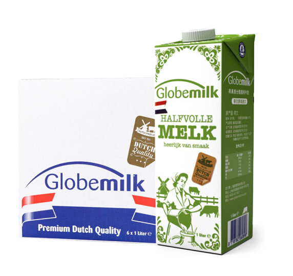 荷高Globemilk荷兰进口部分脱脂低脂纯牛奶1L6盒整箱包邮3.6g蛋白