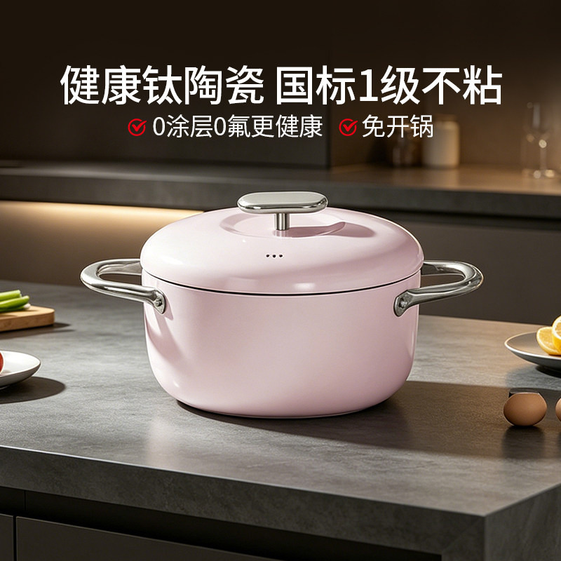 德世朗钛陶瓷不粘汤锅22cm加深家用大容量炖锅电磁炉燃气通用