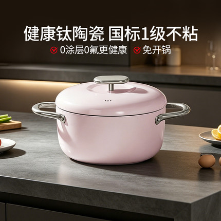 德世朗钛陶瓷不粘汤锅22cm加深家用大容量炖锅电磁炉燃气通用