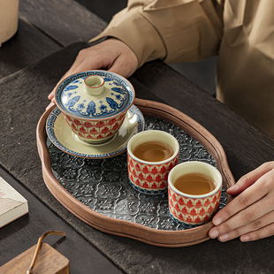 敦煌文创千佛盖碗茶杯单个高档陶瓷青花瓷三才泡茶碗功夫茶具家用