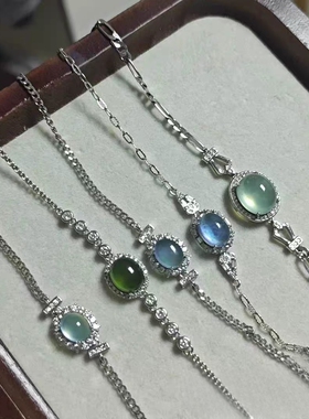 [孤品]天然海蓝宝手链925银镶嵌手链项天青冻手链岫玉绿冰手链