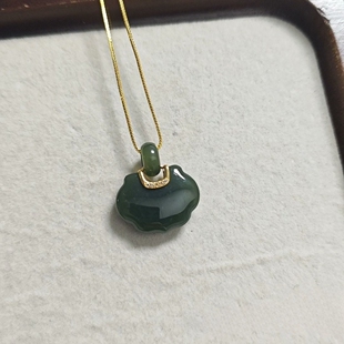 天然和田玉深绿如意吊坠925银镀金镶嵌玉佩精致女款 项链深湖水绿