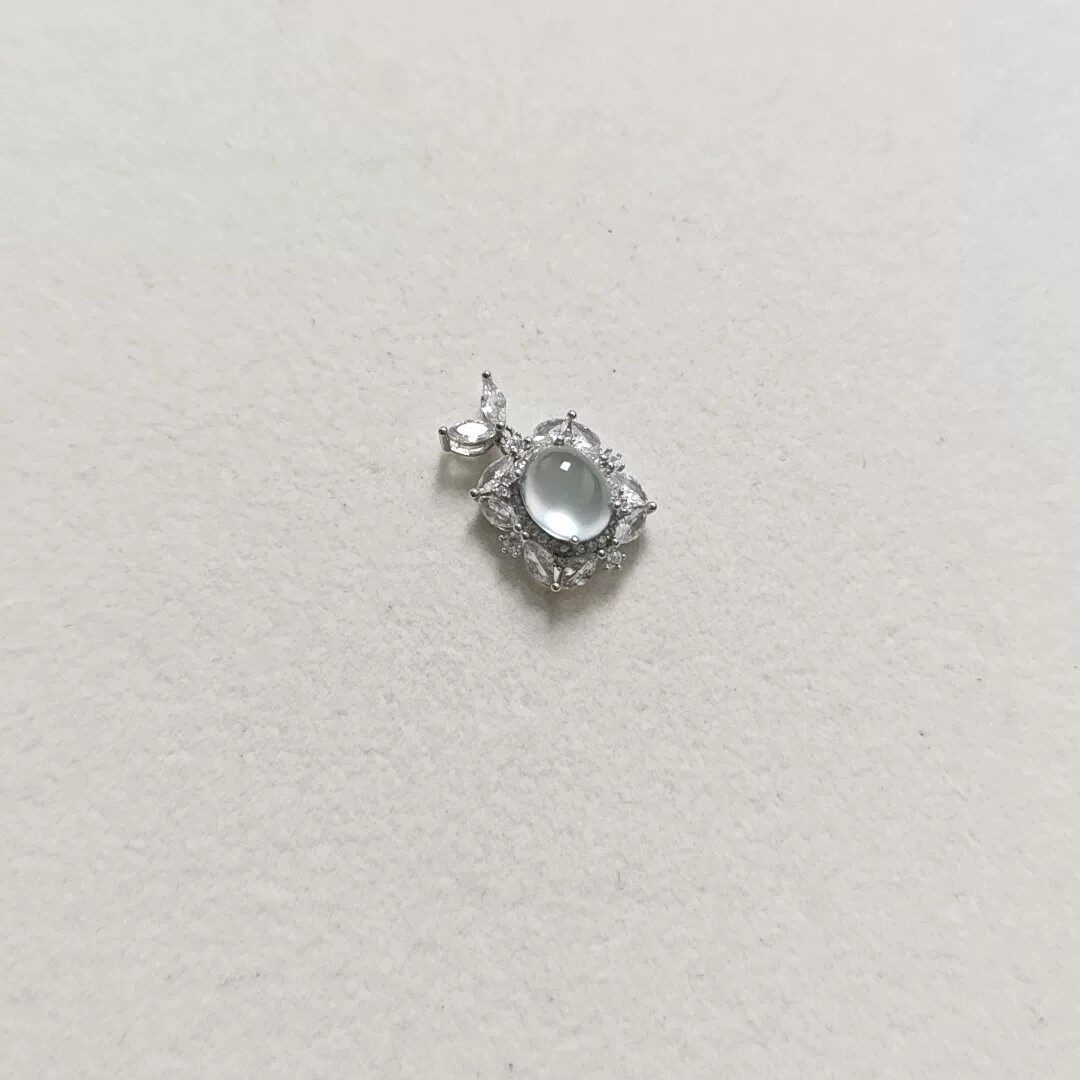 天然岫玉天青冻925银吊坠