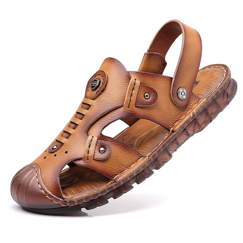 IN SUMMER THE COW TENDON BOTTOM TOE SANDALS MENS SOFT SOLES NON-SLIP BEACH SHOES LEATHER WEAR-RESISTANT DAD SHOES THE FIRST LAYER OF COWHIDE WEAR-RESISTANT