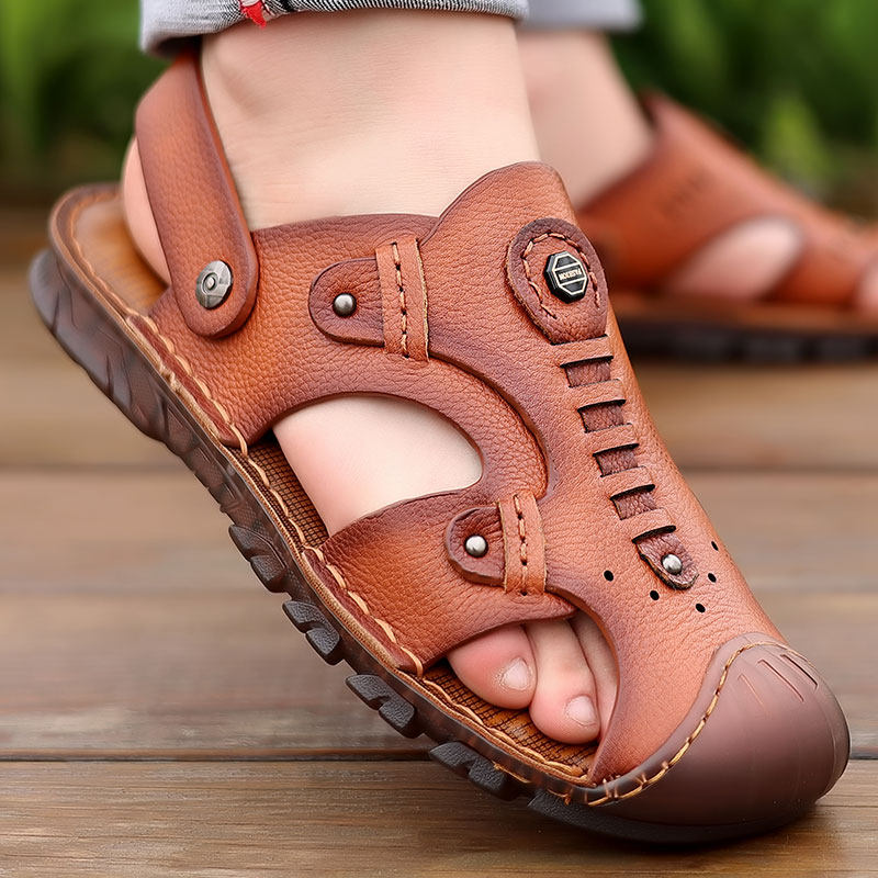 IN SUMMER THE COW TENDON BOTTOM TOE SANDALS MENS SOFT SOLES NON-SLIP BEACH SHOES LEATHER WEAR-RESISTANT DAD SHOES THE FIRST LAYER OF COWHIDE WEAR-RESISTANT
