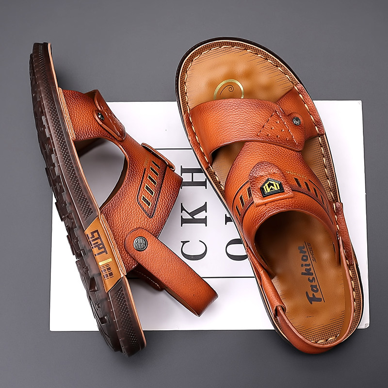 SOFT-SOLED MENS SANDALS TOP LAYER COWHIDE COW TENDON SOLE SUMMER CASUAL BEACH SHOES NON-SLIP OUTSIDE WEAR DAD SHOES OUTDOOR DRIVING