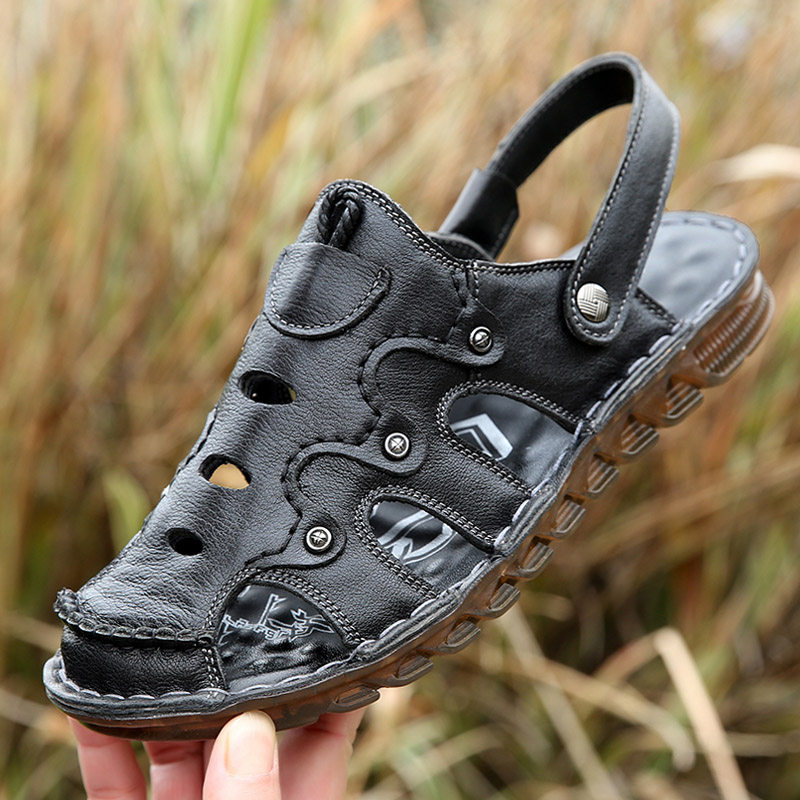 THE FIRST LAYER OF COWHIDE COW TENDON SOLE SANDALS MENS LEATHER CASUAL MIDDLE-AGED AND ELDERLY BAOTOU BEACH SHOES OUTDOOR LEATHER SANDALS NON-SLIP SUMMER