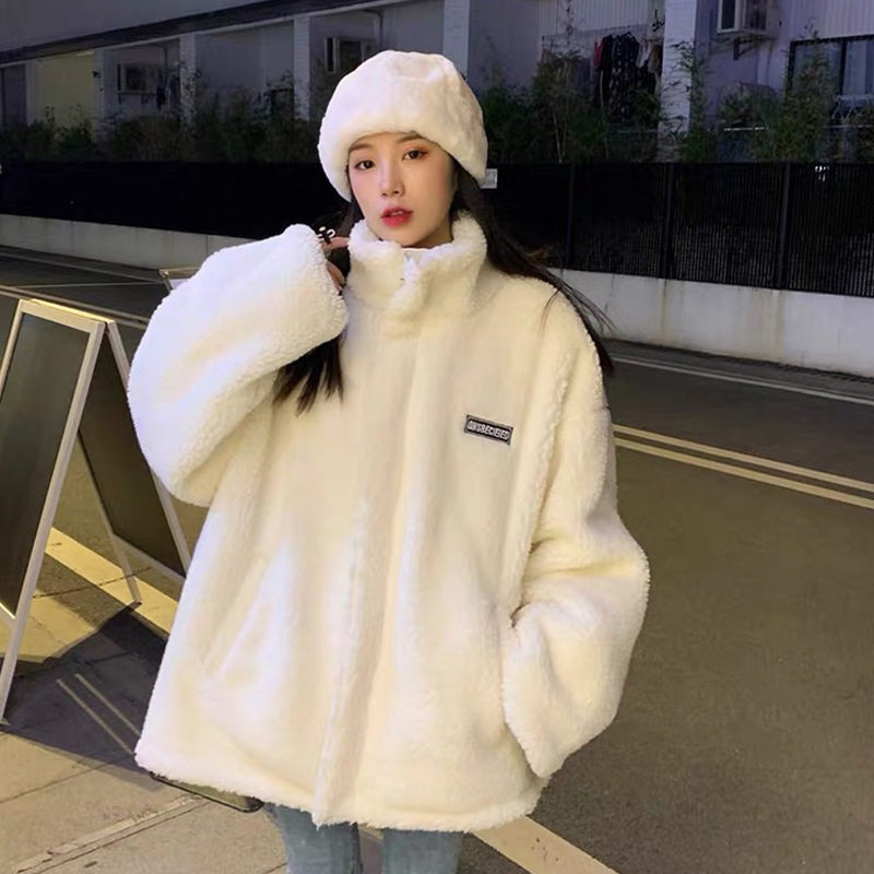 立领羊羔毛加厚字母棉衣棉服外套女2025秋冬季宽松韩版小个子卫衣
