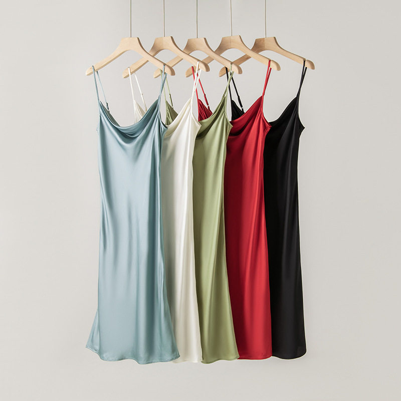 春季法式真丝吊带连衣裙女荡领缎面时尚气质修身显瘦裙子内搭背心