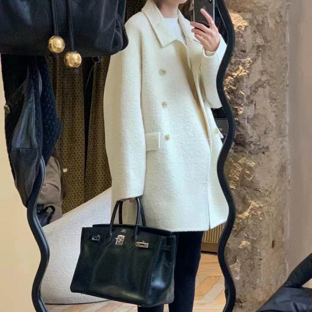 现货 2025冬季新款韩国东大门OU*CE翻领双排扣苏力羊毛大衣外套