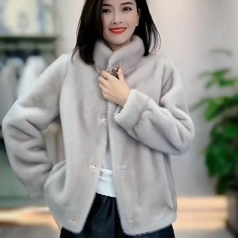 2025秋冬季新款短款立领仿水貂皮海宁仿皮草外套女中老年妈妈装