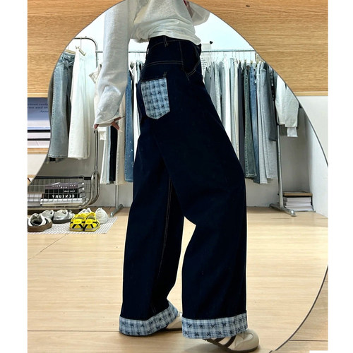 蓝色复古直筒牛仔裤女大码春季