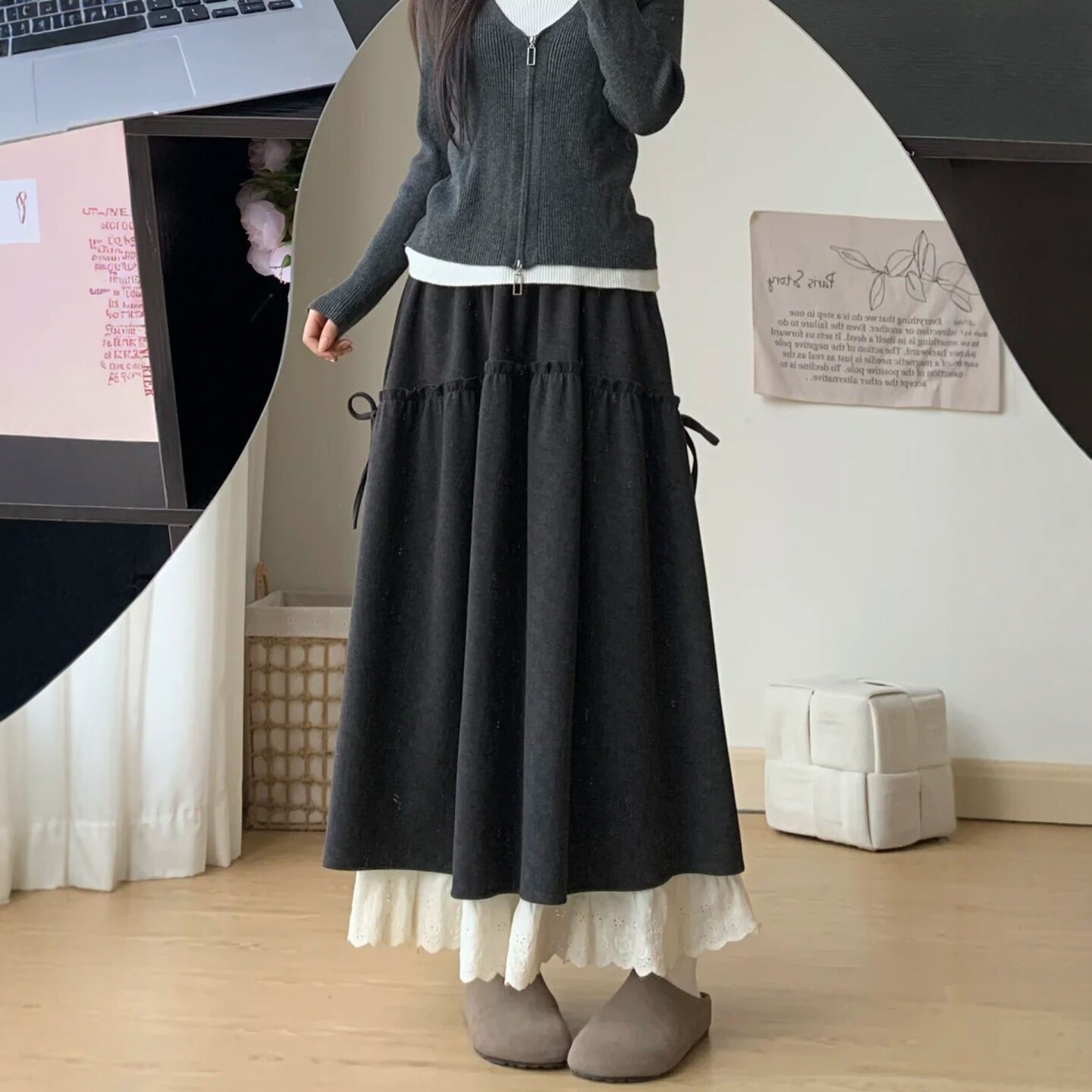 蕾丝拼接中长款半身裙女大码秋季新款胖mm宽松显瘦慵懒风a字裙子