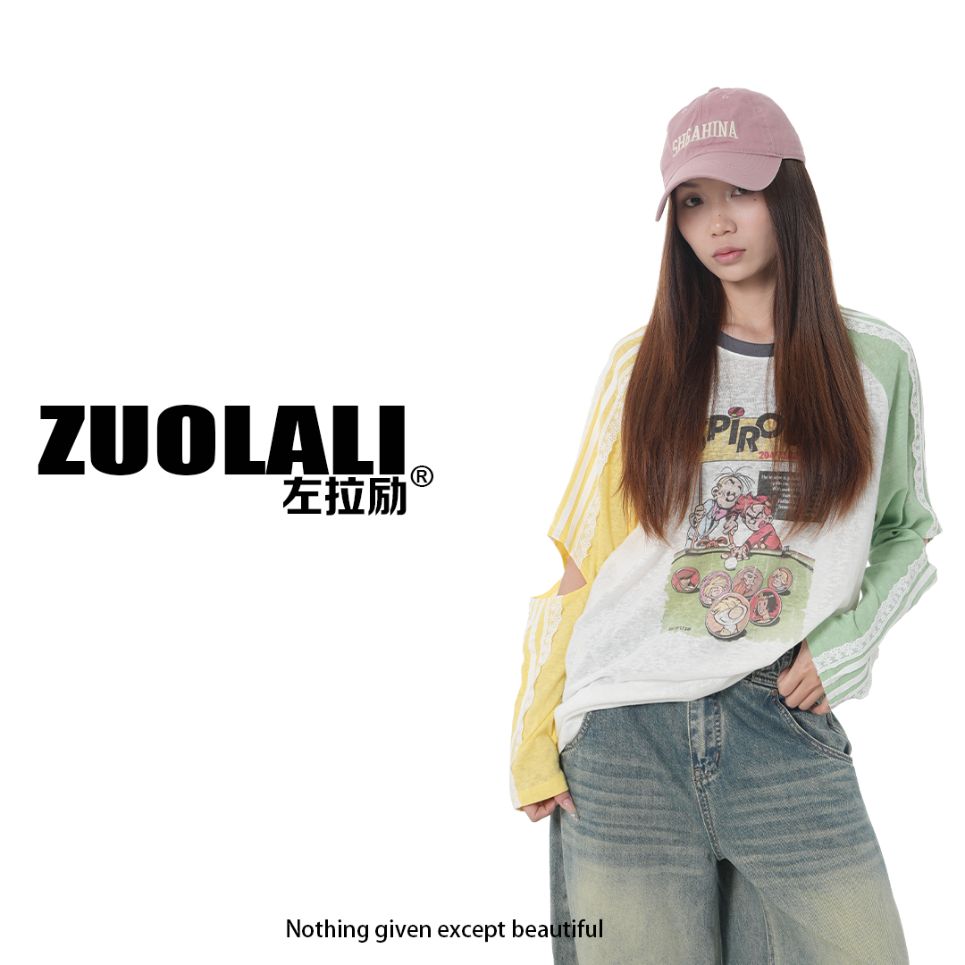 ZUOLALI/左拉励【卡通桌球】拼接蕾丝花边镂空设计-长袖上衣