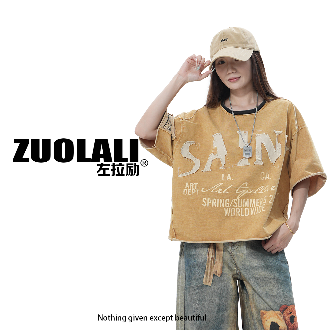 ZUOLALI/左拉励【美式街头】新款小众贴布字母设计-短袖T恤