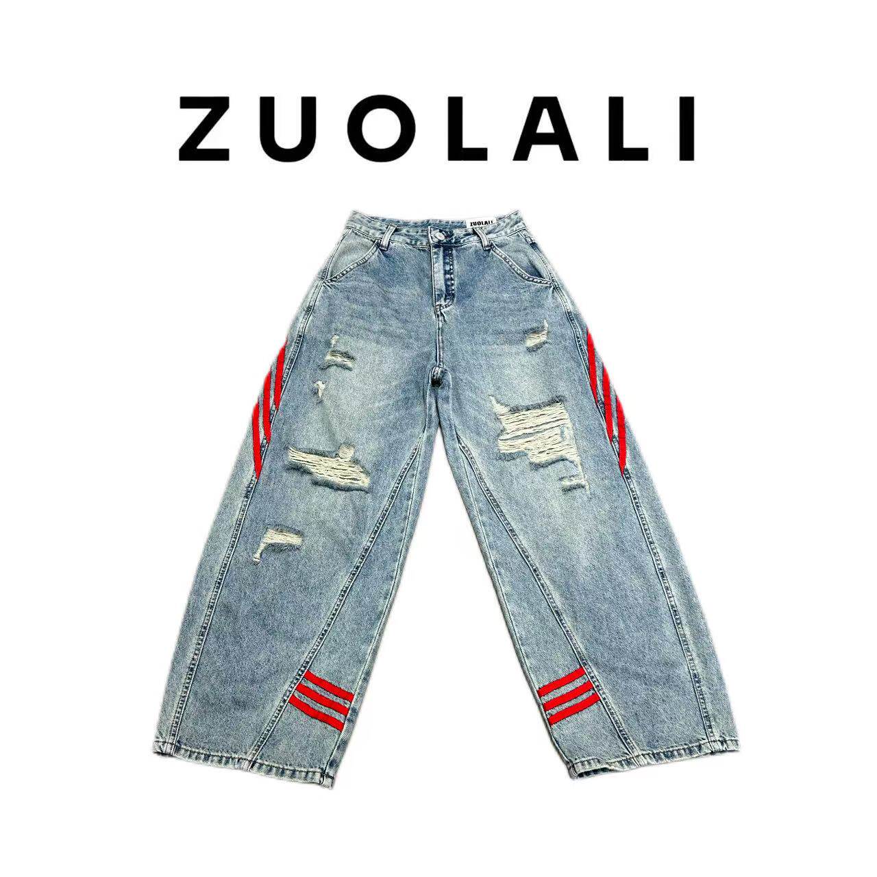 ZUOLALI/左拉励【蔓延红线】街潮系列夏季红色线条设计高腰堆堆裤