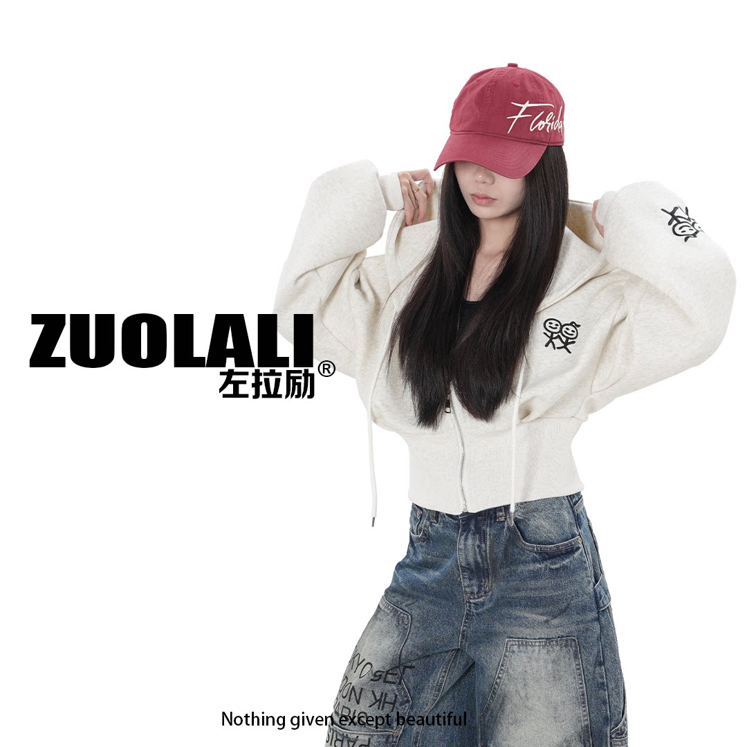 ZUOLALI/左拉励【火柴人】趣味刺绣短款拉链设计-连帽卫衣