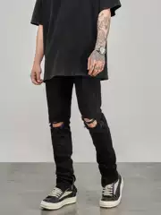 Fog Classic Ripped Zipper Jeans Kanye High Street Style Men's Versatile Black Slim Fit Skinny Jeans
