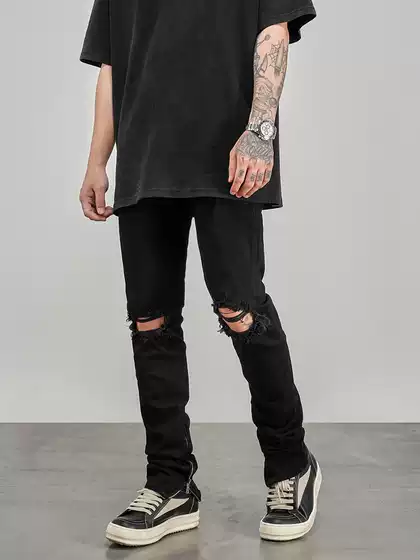 Fog Classic Ripped Zipper Jeans Kanye High Street Style Men's Versatile Black Slim Fit Skinny Jeans
