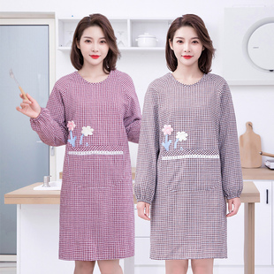 家用厨房罩衣做饭加厚棉布长袖 工作服 围裙时尚 女上班防污耐脏带袖