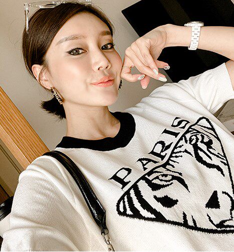 韩国代购vivaruby圆领拼色字母三角虎头提花薄款短袖针织衫女上衣