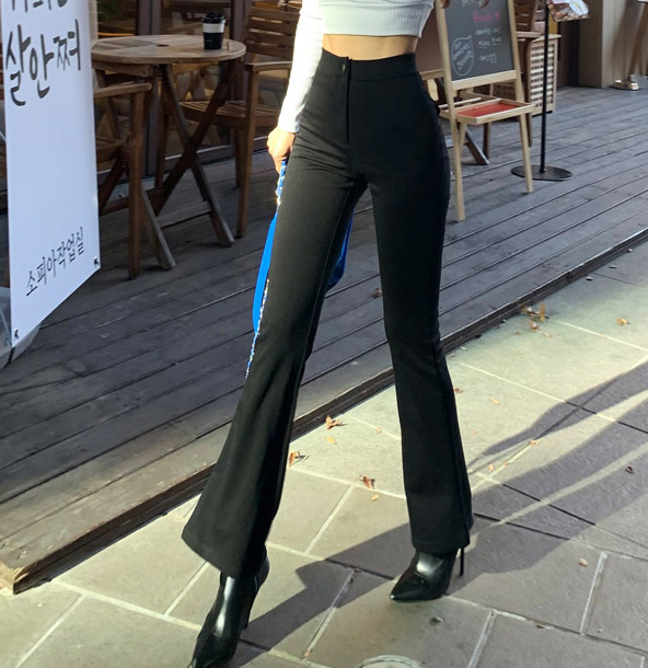韩国代购iampretty春秋黑色微喇裤显瘦高腰修身长裤女打底外穿裤