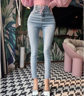 腿精小脚铅笔裤 韩国代购 女长裤 inme腰带扣设计感高腰紧身牛仔裤