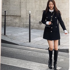 韩国代购mocobling小香风粗花呢连衣裙秋冬女装长袖气质修身黑裙