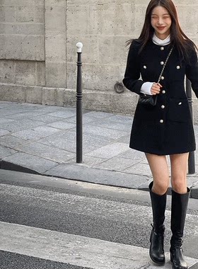 韩国代购mocobling小香风粗花呢连衣裙秋冬女装长袖气质修身黑裙