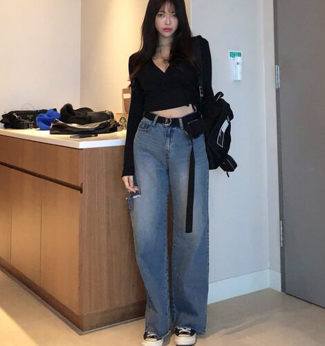 现货韩国HYPNOTIC春秋显瘦潮女长裤直筒宽松牛仔裤个性破洞休闲裤