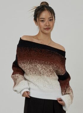 韩国代购close-c渐变一字大领露肩针织衫女温暖漂亮长袖套头毛衣