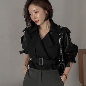 韩国代购DABA2023秋装短款风衣女外套拼接设计掐腰大翻领夹克上衣