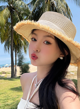 小清新平顶拉菲草帽女夏季草编遮脸防晒遮阳帽子海边沙滩太阳帽