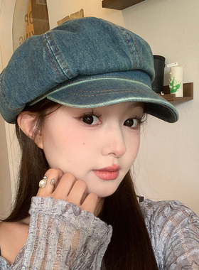 日系复古牛仔贝雷帽女大头围百搭显脸小画家云朵帽文艺八角帽子潮