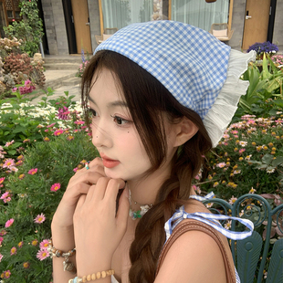 发箍式蕾丝三角巾法式田园风格纹包头头巾女2024新款夏季拍照丝巾