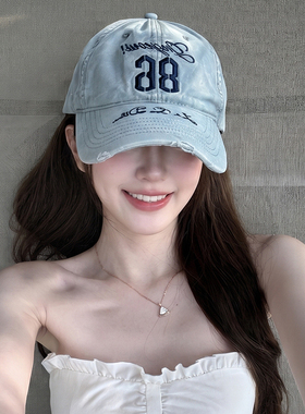 复古重工水洗做旧浅蓝色棒球帽女大头围显脸小户外遮阳鸭舌帽子男