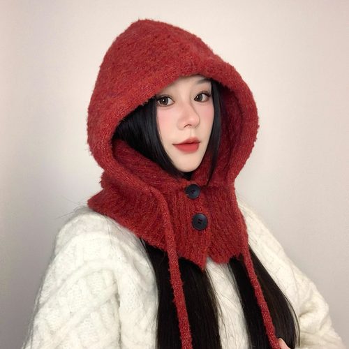 巴拉克拉法帽女冬韩系复古高级感保暖护耳帽子围巾一体红色毛线帽