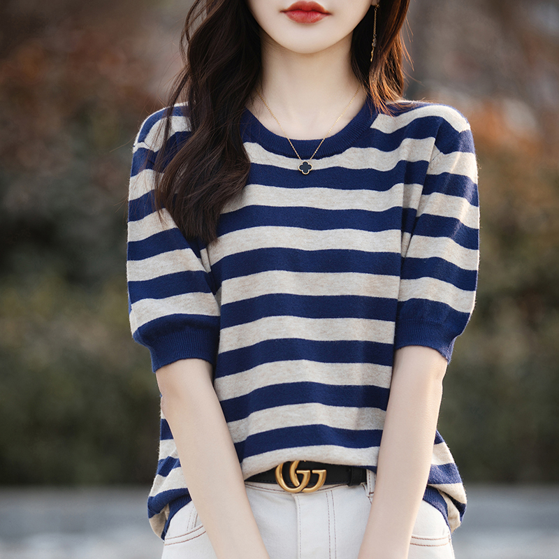拼色条纹短袖针织衫T恤夏季韩版时尚显瘦气质简约百搭上衣女装